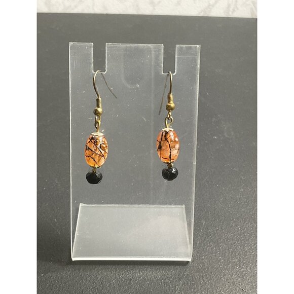 Orange & Black Beaded Dangle Earrings On Hook Drop - Picture 1 of 4